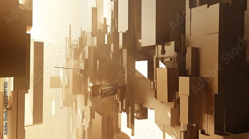 Golden abstract geometric architecture creates a dynamic futuristic city structure, featuring a complex metallic landscape with intersecting shapes and bright light