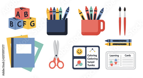 School supplies and preschool learning activity icons