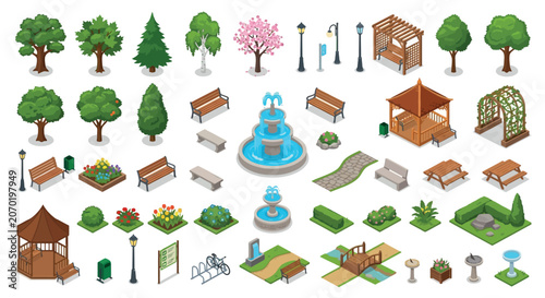 Isometric Park Elements Vector Illustration With Trees Benches And Structures