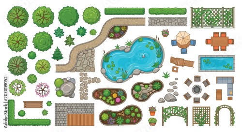 Top down Vector Garden Landscape Elements With Trees Pond And Furniture