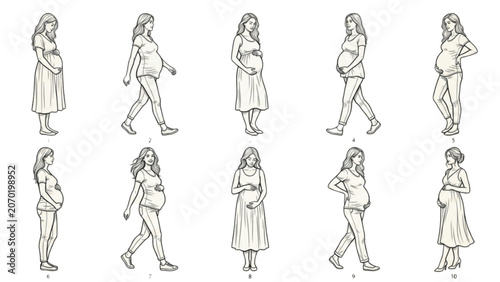 Standing Walking Maternity Poses Line Art Collection | 10 Premium Pregnant Women Vector Pack