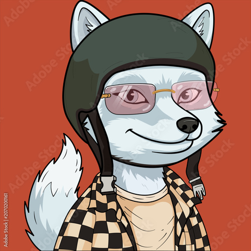 Illustration of a wolf character wearing sunglasses and a helmet with a checkered jacket. A cartoon wolf character with a cool attitude, dressed in a checkered jacket and helmet. wolf, character, avat