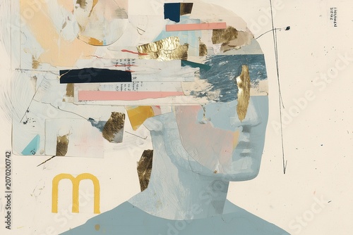 Paper collage with pastel blue abstract man and gold fragments