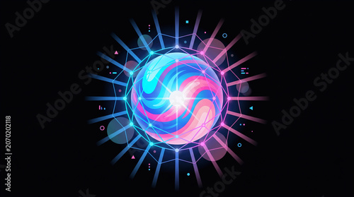 A single magnificent bright sphere floating in isolation against a pure solid black background, radiating a mesmerizing blue and pink gradient web of neon energy.