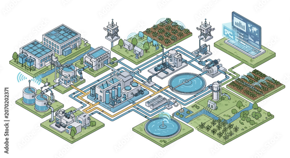 Fototapeta premium Isometric Illustration of Smart Water Management and Infrastructure System.