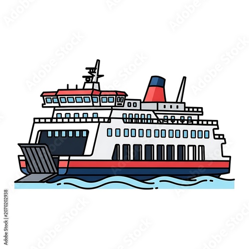 Red and white ferry boat on blue water.