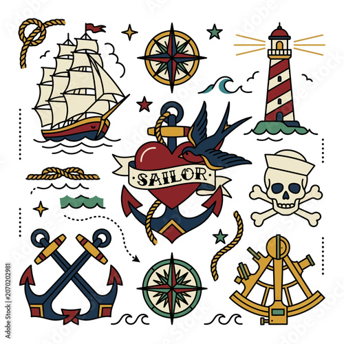 Nautical Tattoo Collection: Sailboat, Lighthouse, Anchor, Compass, Skull, Sextant