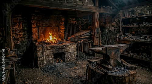 Vintage blacksmith workshop featuring a blazing forge, anvil, and traditional tools in a rustic, dimly lit setting.