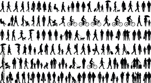 Foto Crowd of people silhouettes set, diverse pedestrian walking and cycling figures,