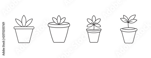 potted plants with different leaf shapes and sizes in simple line art style for decoration or design use