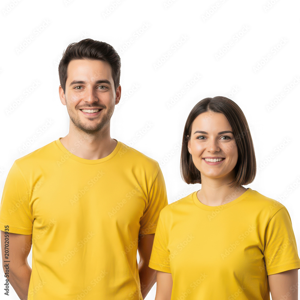 Fototapeta premium Young smiling couple in yellow shirts isolated on transparent