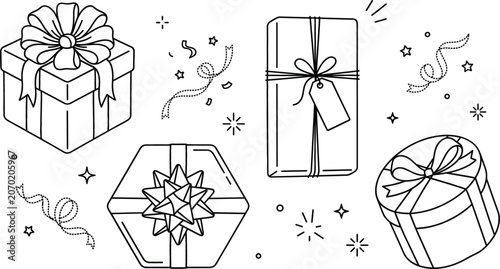 Obraz na plátně Gift boxes line art vector icons collection with festive presents birthday celeb