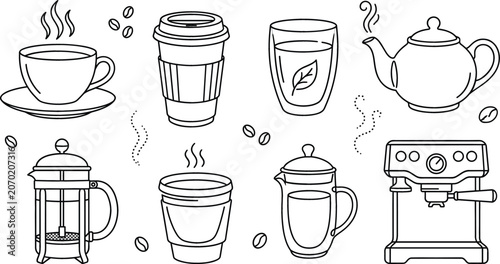 Bild auf Leinwand Coffee shop brewing methods line art vector icons collection with french press e