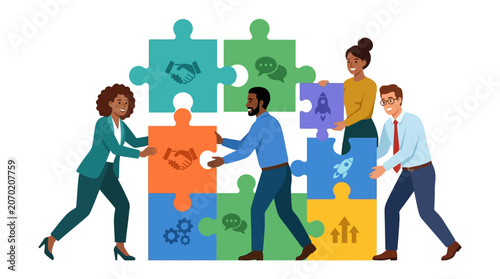 Diverse business team assembling large jigsaw puzzle pieces for collaboration and strategy flat vector illustration.
