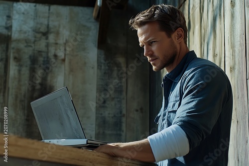 Caucasian man working on laptop in rustic setting