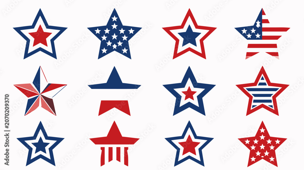 Obraz premium Clean flat vector illustration of a grid of twelve American patriotic star icon designs in red, white and blue color variations, perfect for July 4th and national holiday commercial use.
