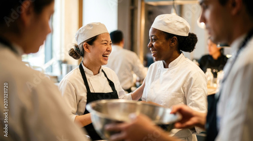Two happy diverse female chefs laughing and bonding during a break in a professional kitchen