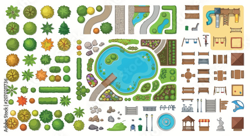 Photos Park elements vector illustration with top down view and white background