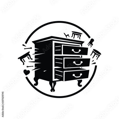 Billede på lærred Drawer unit with flying furniture elements symbolizing chaos and disorganization