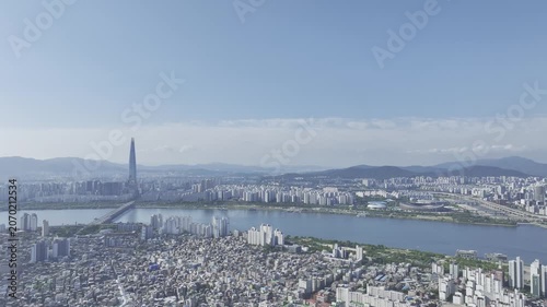 Aerial Drone View of Cityscape and Vibrant Commercial Area near Konkuk University Station in Seoul, South Korea