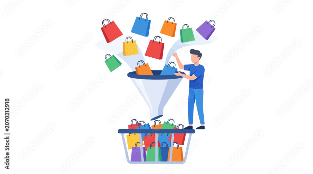 Fototapeta premium Male specialist managing digital sales funnel for online retail conversion flat vector illustration