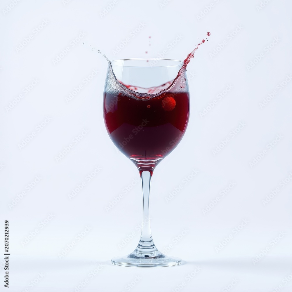 Fototapeta premium Wine splashing from glass. Red liquid motion captured midair. Elegant stemware, simple background, vibrant color.