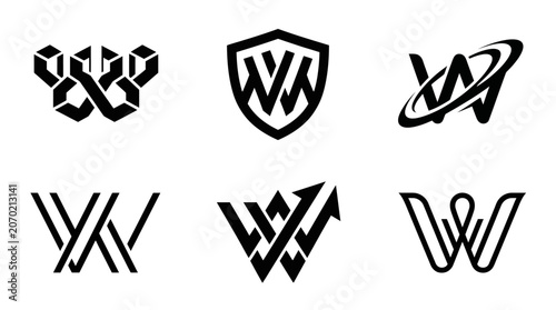 Collection of six distinct black and white W letter logos for branding.