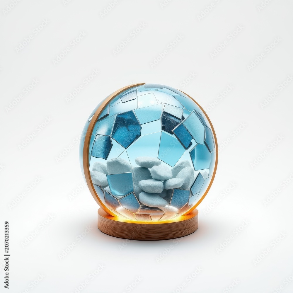 Naklejka premium Glass sphere contains clouds, rocks. Warm light emanates from base, creating soft glow. Mosaic pattern covers surface. Minimalist composition.