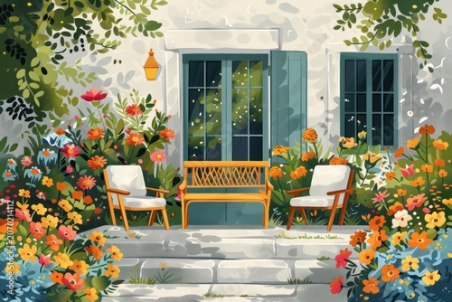 A cozy patio with a bench and two chairs surrounded by blooming flowers in front of a white house with a green door.