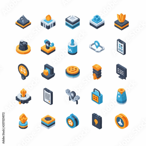 Flat design isometric icons for business and technology concepts.