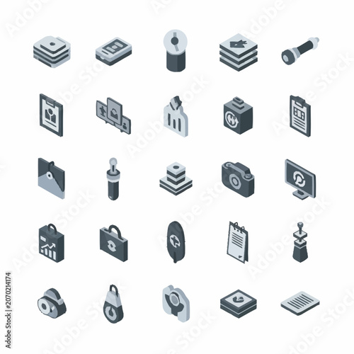 Minimalist isometric icons for business and technology concepts.