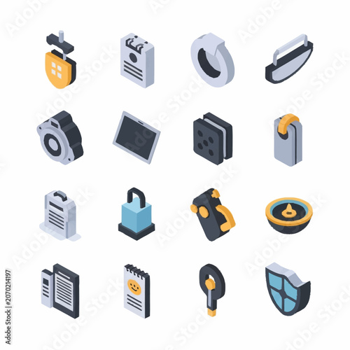 Flat design icons of technology and security devices on white background.