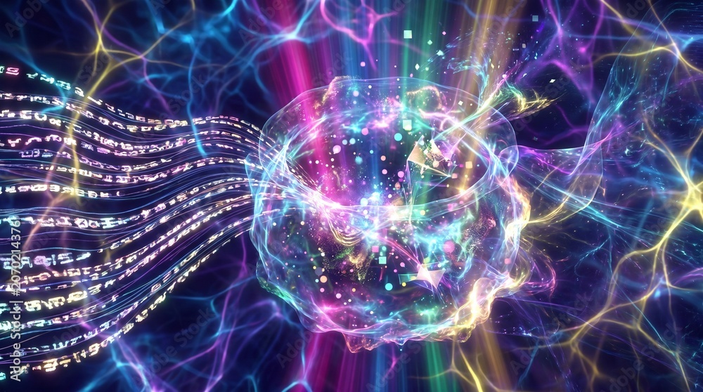 Fototapeta premium Prompt engineering visualization with flowing text transforming into glowing abstract data sphere
