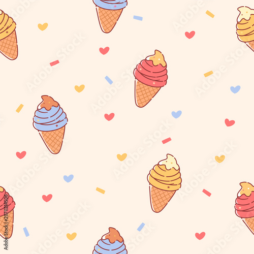 Seamless Pattern of Ice Cream Cones and Hearts