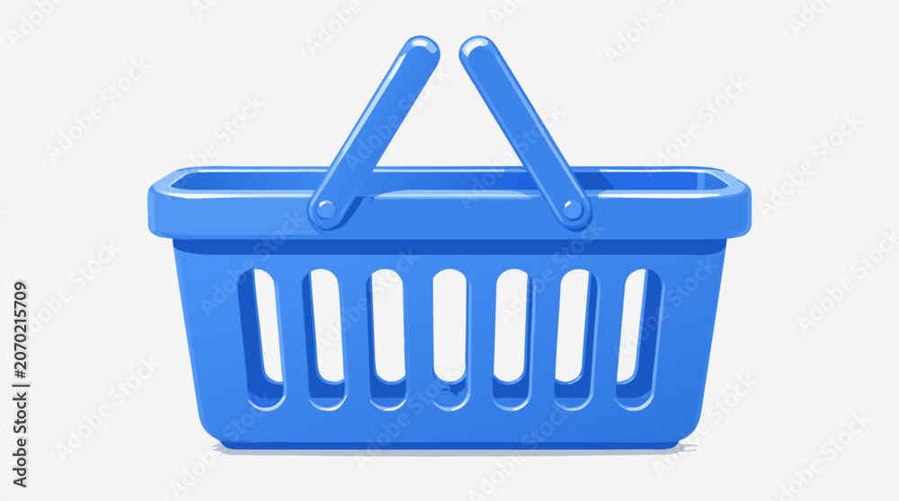 Fototapeta premium A three-dimensional blue plastic shopping basket with shiny smooth surfaces and dual handles is depicted with realistic reflection in this flat vector illustration, ideal for retail and e-commerce des
