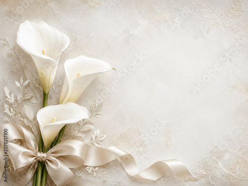 White calla lilies with satin bow and elegant floral ornaments on beige textured background, luxury sympathy or wedding card design with copy space.