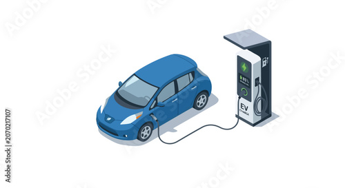 Isometric Electric Vehicle Charging Station Vector Illustration, EV Charging Point Automobile and Sustainable Transportation Concept