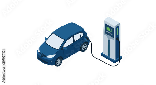 Isometric Electric Vehicle Charging Station Vector Illustration, EV Charging Point Automobile and Sustainable Transportation Concept