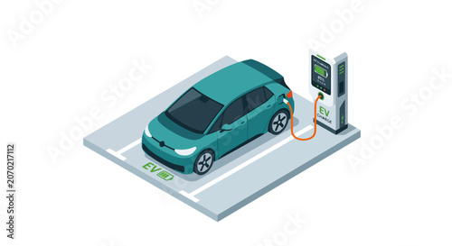 Isometric Electric Vehicle Charging Station Vector Illustration, EV Charging Point Automobile and Sustainable Transportation Concept