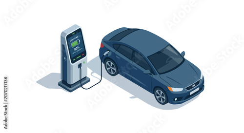 Isometric Electric Vehicle Charging Station Vector Illustration, EV Charging Point Automobile and Sustainable Transportation Concept