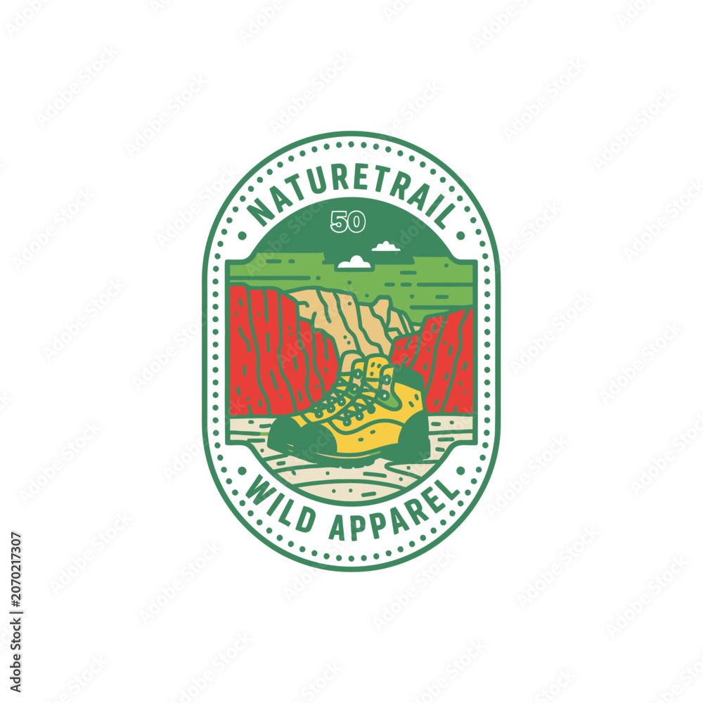 Obraz premium Green Naturetrail Wild Apparel oval emblem with hiking boots.