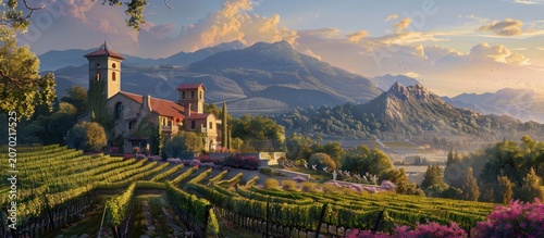 A picturesque vineyard nestled in a valley with a charming stone building, surrounded by rolling hills and a mountain range in the distance