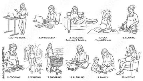Pregnant Mother Work Lifestyle Maternity Poses Line Art Collection | 10 Professional Motherhood Vector Pack