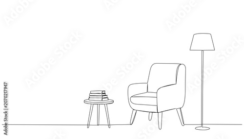continuous line drawing showcases minimalist Scandinavian furniture. Scandinavian stylish furniture for living room or hotel concept in simple linear style. Doodle illustration