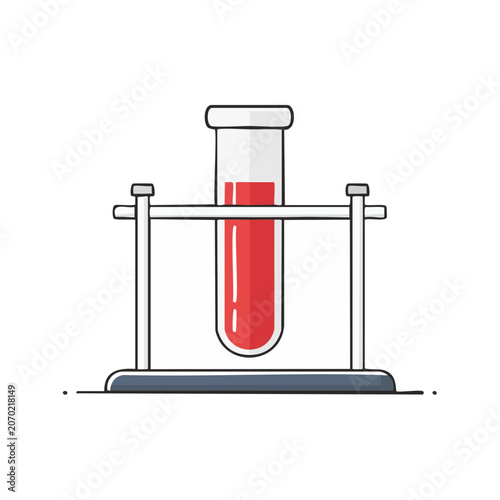 Red liquid in test tube on stand, flat vector illustration
