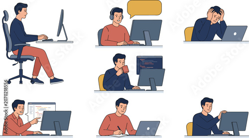 Office Worker and Programmer Character Vector Illustration Set with Men Coding, Stressed Freelancers, and Remote Employees for Corporate Tech Graphic Designs