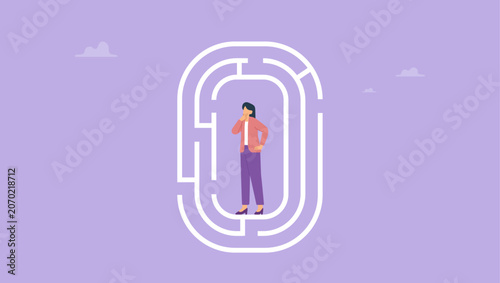 Photography Businesswoman in the middle of maze labyrinth finding exit or the way out