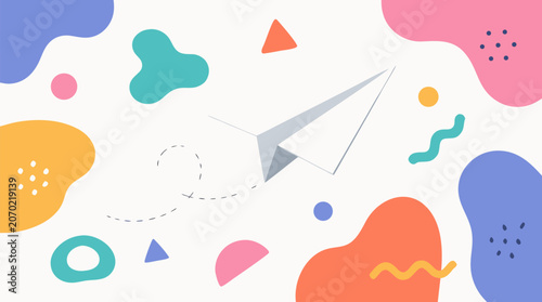 A flat vector illustration of a white paper airplane in flight surrounded by vibrant colorful abstract geometric shapes, representing creativity, communication, and innovation in a playful style.