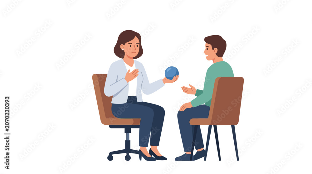 Fototapeta premium Professional female psychologist holding blue sphere during mental health consultation with patient flat vector illustration
