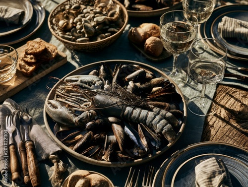 Coastal seafood feast viewed from above, elegant table styling and natural light 